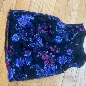 Black Top with Blue and Pink Floral Embroidery